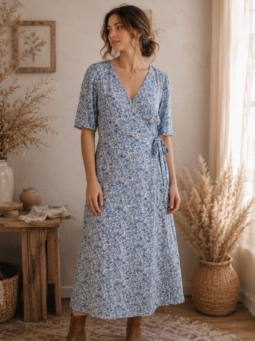 LOFT Floral Wrap Midi Dress